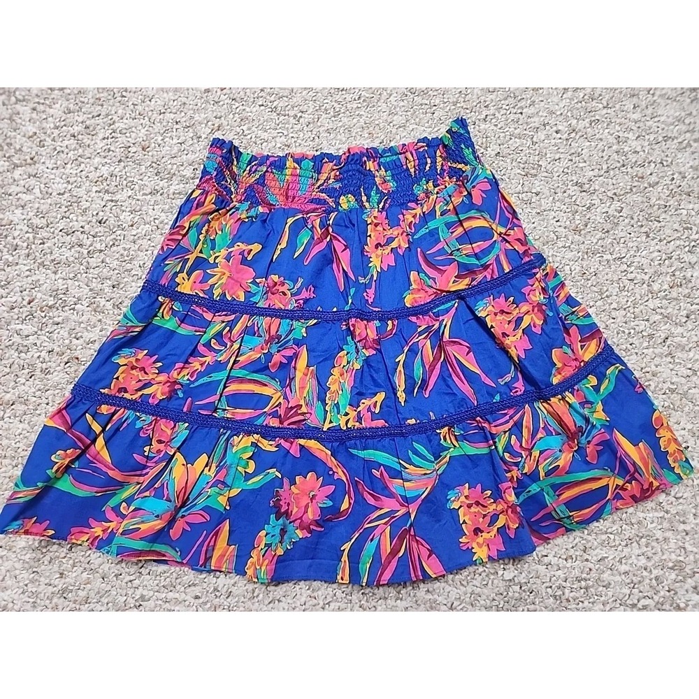 J. Crew Womens Small Blue Floral A-Line Tiered Smocked Elastic Waist Skirt 26x18